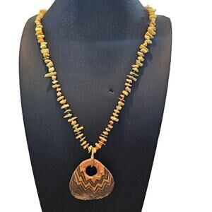 Vintage Hand Painted Necklace Brown Beaded 15" Rustic Artisan Unique Indie Retro